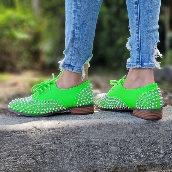 Shoes - Women's Neon Green Silver Studded Lace Up Flat Oxford Shoes